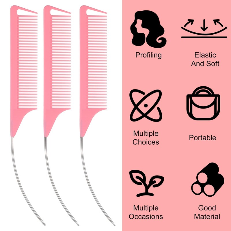 3 Pcs Rat Tail Combs, Mabor C Curved Parting Rat
