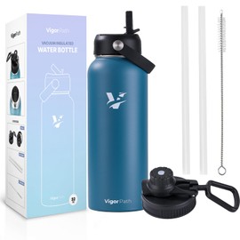 Vacuum Insulated Water Bottle - Stainless Steel Water Bottle with Straw Lid and Flex Cap (Keeps Cold for 24Hours, Hot for 18Hours) Double Wall, Wide Mouth, BPA Free, Leak Proof (Dark Blue, 32oz)