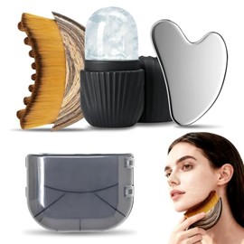 3PCS Kit de skincare, con GuaSha Acero Inoxidable, Cepillo Facial y Rodillo de Hielo para Contorno, Drenaje Linfático, Desinflamar y Piel Firme, Rutin