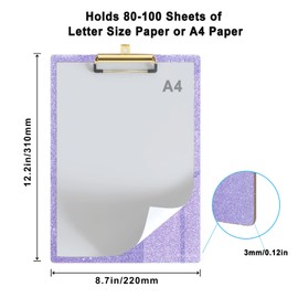 Glitter Acrylic Clipboard Decorative Standard A4 Letter Size 12.2" x 8.7", Fashion Bling Clip Boards with Designed Low Profile Gold Clip for Classroom Office - Purple