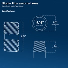 SupplyGiant 3/4 x 2 Inch Black Steel Pipe (10-Pack), Heavy Duty Industrial Malleable Iron Pipes, Pre Cut Threaded Nipple Great For All DIY Furniture And Black Pipe Shelving