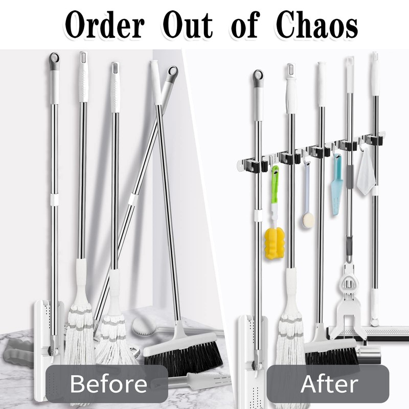 2 Pack Mop and Broom Holder Wall Mount, 5 Racks