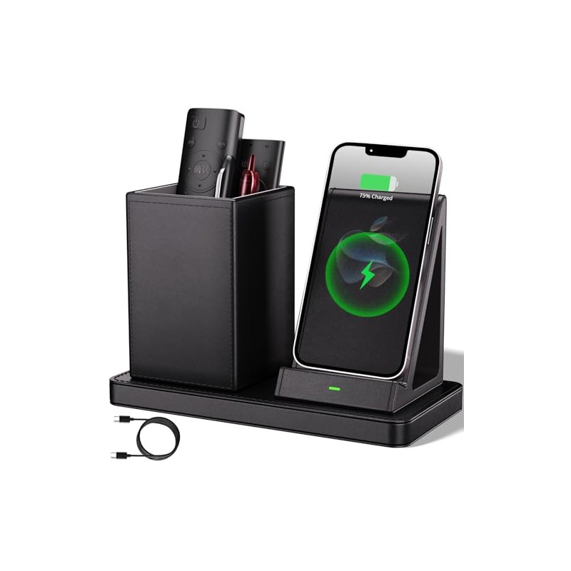 Multi-Functional Vegan Leather Desk Organizer with Wireless Charger