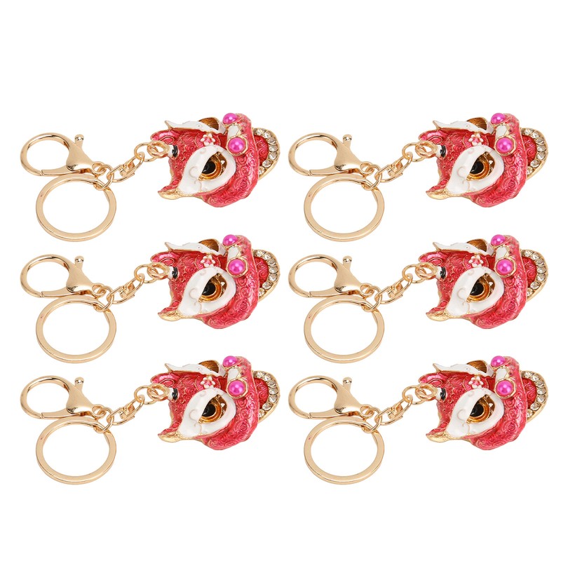 6pcs Lion Dance Keychains Cute Funny Rust Prevention Rhinestone Keychain