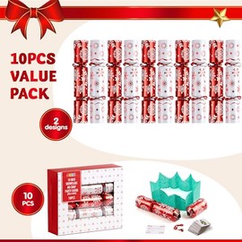 JOYIN - Paquete de 10 recuerdos de mesa de Navidad sin broche con diseño de copo de nieve rojo y blanco, con sombrero de fiesta, broma y pequeño regal
