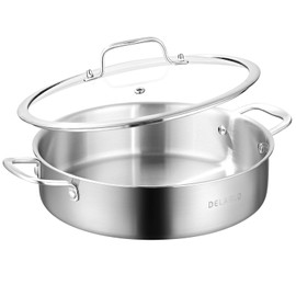 DELARLO Tri-Ply Stainless Steel 7QT Saute Pan With Lid, 12 Inch Deep Frying Pan, Induction Large Skillet, Cooker Pan for Chefs, Dishwasher & Oven Safe