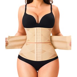 LODAY Waist Trainer for Women Corset Shapewear Tummy Control Body Shaper Cross Mesh Waist Cincher Postpartum Girdle(Beige Segmented Band,Medium)