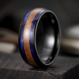 King Will 8mm Black Tungsten Ring For Men Koa Wood Inlay Blue Galaxy Blue Foils Inlaid Domed Polished Wedding Band Promise Comfort Fit 12
