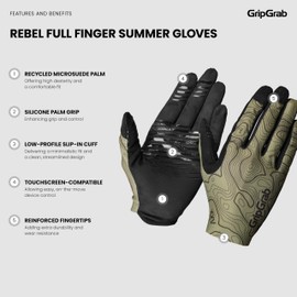 GripGrab Rebel Full Finger Summer Mountain Bike Gloves Unpadded MTB Gravel Bike Cycling Gloves Anti-Slip Off-Road Glove