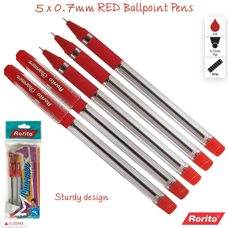 5 x 0.7mm RORITO Charmer RED Ballpoint Pens Soft Grip