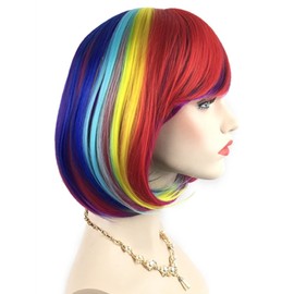 QHQ-SHININGLIFI Rainbow Bob Wigs and A Wig Cap- Women's Short Straight Multi-Color Cosplay Wigs -Comfortable& Breathable& Durable-Rose Net; wig007A