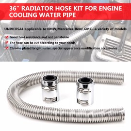 VEHITO 36in Stainless Steel Radiator (Silver) Flexible Coolant Water Hose Chrome Caps