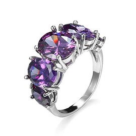 925 Sterling Silver Amethyst Ring Oval Perfect Cut 2Ct Cubic Zirconia Rings CZ 5-Stone Eternity Engagement Wedding Band Ring for Women (US Code 7)