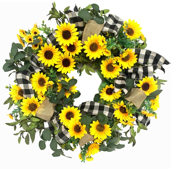 24 Inch Sunflower Wreath with Buffalo Plaid Foliage on Grapevine