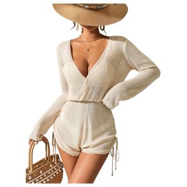 GORGLITTER Women's Crochet Swimsuit Cover Up Wrap V Neck Long Sleeve Drawstring Side Coverup Romper Khaki Small