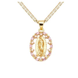 DouuYuhet 18K Gold Plated Flat Mariner/Marina, 3MM Chain Necklace With Virgin Mary Guadalupe Charm Pendant Christian Jewelry (27-Gold)