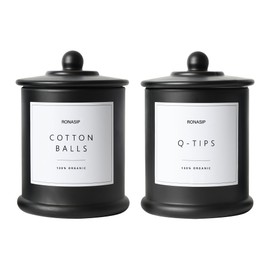 Ronasip 2 pack Cotton Buds Holder, Cotton Wool Pads Jar, 16 Oz Glass Qtip Dispenser Holder for Qtips, Swabs,Makeup Sponges (Black)