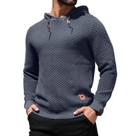 HYPESTFIT Men's 3D Fish Scale Form Fitting Muscle Knit Sweater Drawstring Hooded Sweatshirt Dark Gray