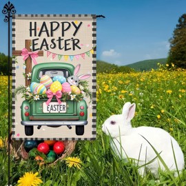 BlissYard Easter Garden Flag Garden Decor 12x18 Inch Double-Sided Outdise Bunny Truck with Eggs and Cross Backdrop Spring Holiday Decorations Funny Flags Yard Flag Yard Outdoor Decoration