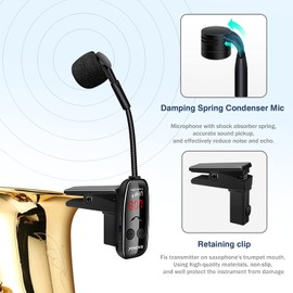 XIAOKOA UHF Wireless Instruments Microphone,Saxophone Microphone,Wireless Receiver and Transmitter,164ft Range,Plug and Play,Great for Trumpets, Clarinet, Cello