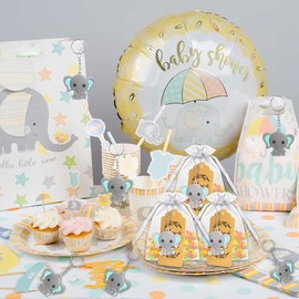 RHQFDM 30 Pieces Party Favours Christening Elephant Key Ring PVC Elephant Pendant Set Blue Elephant Children's Keyring with Organza Bag and Thank You Tag Made of Kraft Paper
