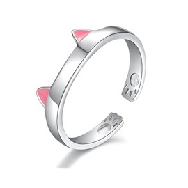 HinDaLi Cat Ring Adjustable 925 Sterling Silver Ring for Women Girls Women Cat Paw Rings Open Paw Print Silver Rings Women's Gift Jewellery Cat Ears Finger Ring, Sterling Silver, No Gemstone