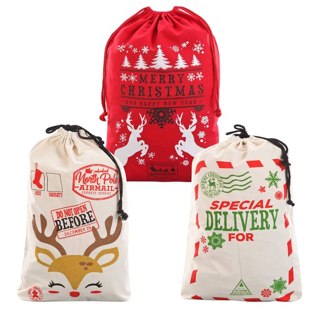 3 Packs Christmas Gift Bags, Santa Burlap Sack with Drawstring 26" x 19" for Large Xmas Package Storage, Event Party Supplies, Christmas Party Favors