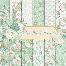 Whaline 24Pcs Green Floral Pattern Paper Mint Dreams Scrapbook Specialty Paper Watercolor Flower Double Sided Decorative Craft Paper For DIY Card Making Photo Album Decor, 11.8 x 11.8 Inch