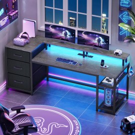 59" Office Desk with 3 Storage Drawers, Reversible Computer Desk with LED Lights