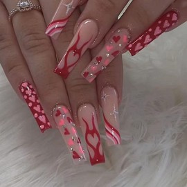 Valentine's Day Press on Nails Long Coffin False Nails with Heart & Flame Rhinestones Designs French Nails Press ons Glossy Glue on Nails Nude Full Cover Ballerina Stick on Nails for Women 24Pcs