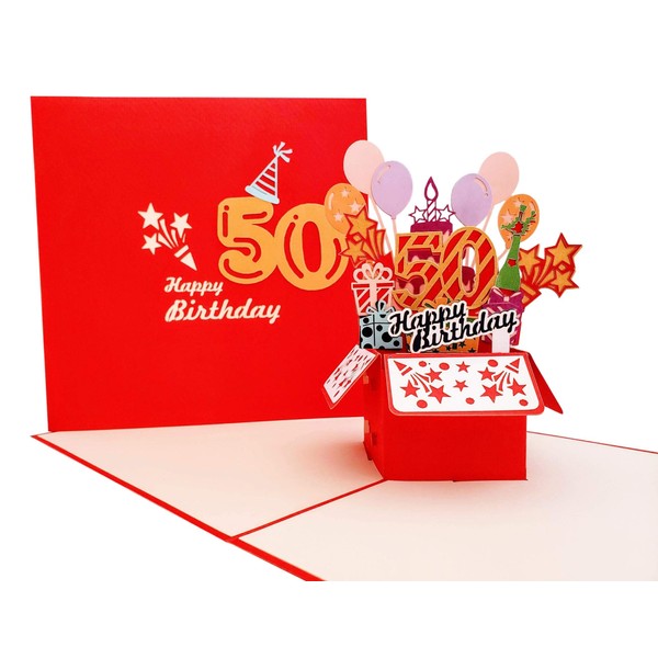 iGifts And Cards Happy 50th Red Birthday Party Box 3D Pop Up Greeting Card – Fifty, Awesome, Balloons, Unique, Celebration, Feliz Cumpleaños, Fun, Congrats