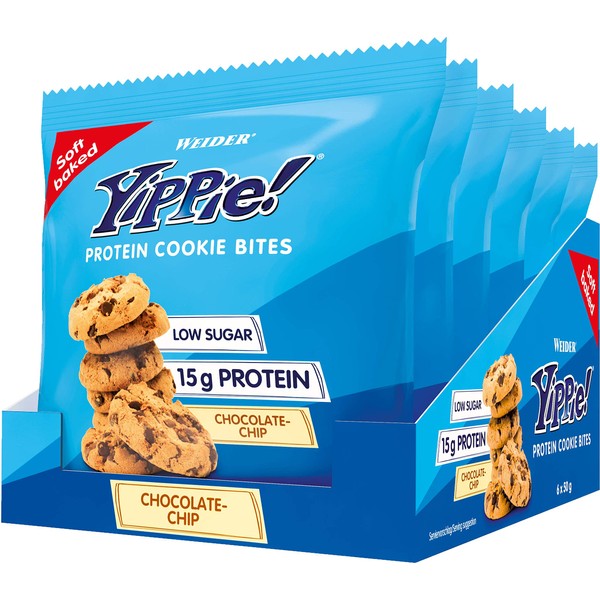 Weider Yippie Cookie Bites, Chocolate Chip, Eiweiß-Kekse mit Whey Protein, 15 g Protein, Fitness Snack, 6 Stück (1er Pack)