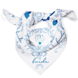 Bride Squad Silk-Like Bride Head Scarf Blue Flower Print with Bride Logo Wedding Veil Alternative for Boho Brides Head Wrap Something Blue Accessory Bachelorette Party Favors Bridal Shower Gifts