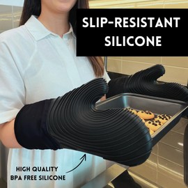 Silicone Oven Mitts Set, 2 Piece, Cooking Gloves for Grilling and Baking, Heat Resistant, BPA Free, Extra Long 13.5", Black