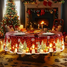 Suppromo Christmas Tablecloth with String Lights for Rectangle Tables 60 Inch Red Buffalo Plaid Snowman Christmas Table Cloth Rectangle for Holiday Party Buffet Dining Christmas Table Decorations