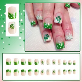 St. Patrick’s Day Press on Nails Short RIICFDD Fake Nails Square False Nails Wave Point Stick on Nails Glitter French Tip Nails Full Cover Green Shamrock Glue on Nails for Women Acrylic Nails 24 Pcs