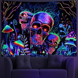 Brrnoo Black Light Skull Tapestry, UV Reactive Skull Tapestry, Decorative, Colourful, Mysterious, Handmade Black Light Tapestry with Accessories (150 x