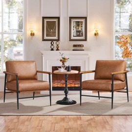 Yaheetech Accent Chair, PU Leather Living Room Chair Back Pillow Modern Lounge Chair Wooden Arms Metal Frame Bedroom Waiting Room Retro Brown