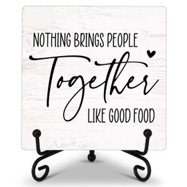 Cazhes Kitchen Decor, Nothing Brings People Like Good Food, Funny Kitchen Desk Decor with Iron Stand, Wood Plaque Desk Decorative Sign for Dining Room Decor-E09