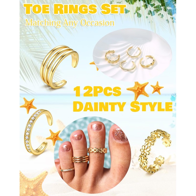 Sanfenly 12Pcs Gold Plated Toe Rings for Women Non Tarnish