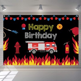 Firetruck Themed Birthday Backdrop Fireman Fire Truck Firefighter Background for Boy Kids Fire Engine Theme Birthday Background for Boys Children Birthday Party Decorations Banner