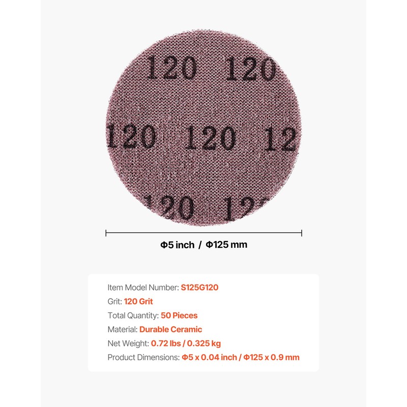 VEVOR 5-inch Mesh Abrasive Sanding Discs, 50PCS 120 Grit Anti-Clogging