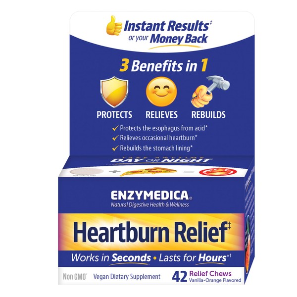 Enzymedica, Heartburn Relief, Dietary Supplement to Help Soothe Indigestion, Vegan, Non-GMO, Vanilla Orange, 42 Chews (21 Servings)