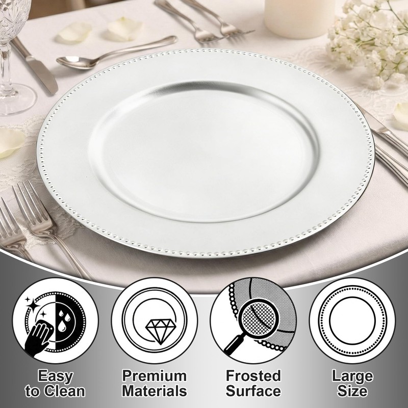 PLMMOUT 10 Pack Charger Plates Bulk, 13 Inch Silver Plastic