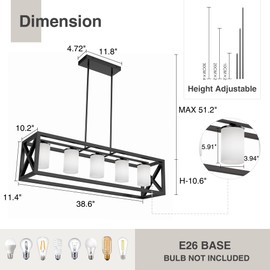 Espird Black White Dining Room Light Fixture - 5 Light Rectangle Light Fixture with Milk Glass Shade & Adjustable Height & Thickened Metal Dining Table Light Fixture Chandeliers for Dining Room