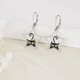 POPLYKE Black Cat Drop Dangle Earrings 925 Sterling Silver Lever Back Cat Jewellery for Girls Women Christmas Gifts, Sterling Silver