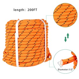 Super-Skin 1/2 in Polyester Rope 200 FT Nylon Pulling Rope Arborist Rigging Rope Sailing Rope for Camping Swings Arborist Gardening Marine Orange-L8