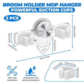 LELE LIFE 2 Pack Broom Holder Mop Hanger - Strong Suction Cup - No Drill Removable Broom Organizer Rack Wall Mount with Hooks for Bathroom Kitchen Garage, Clear
