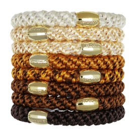 Brown Hair Ties with Gold Beads for Thick Hair, Grab & Go Ponytail Holders, 8 Pack, Leather | Gold Bead, Thick No-Crease Bands with Strong Hold, Damage-Free Design | L. Erickson