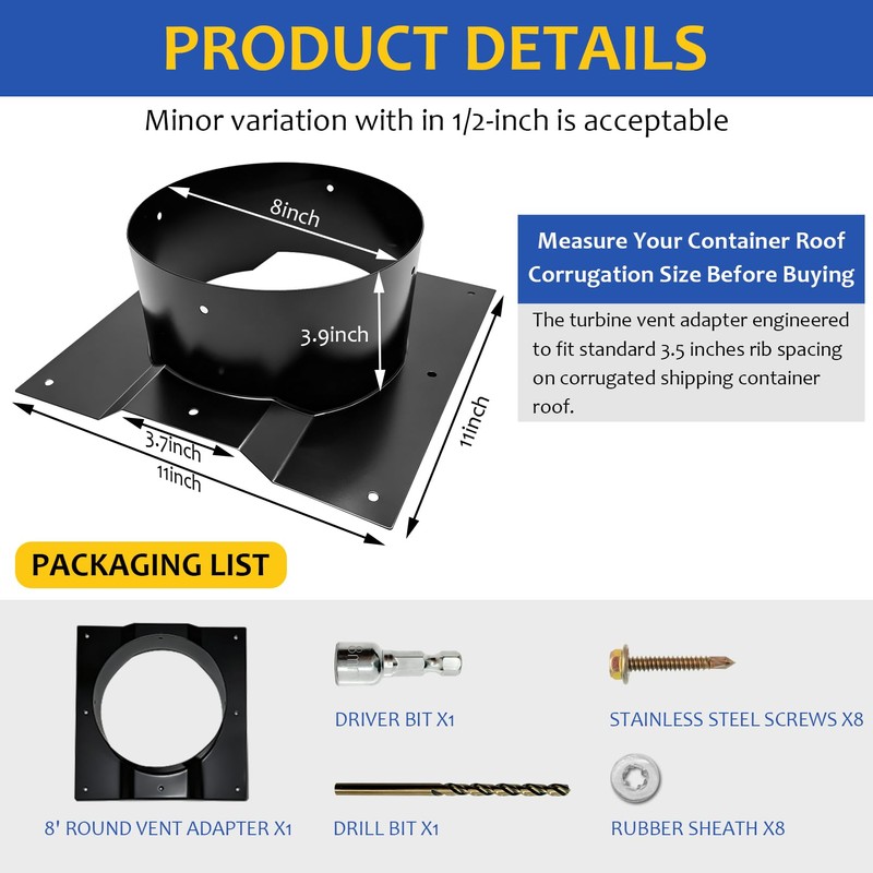 8 Inch Shipping Container Roof Vent Adapter, Corrugated Roof Vent